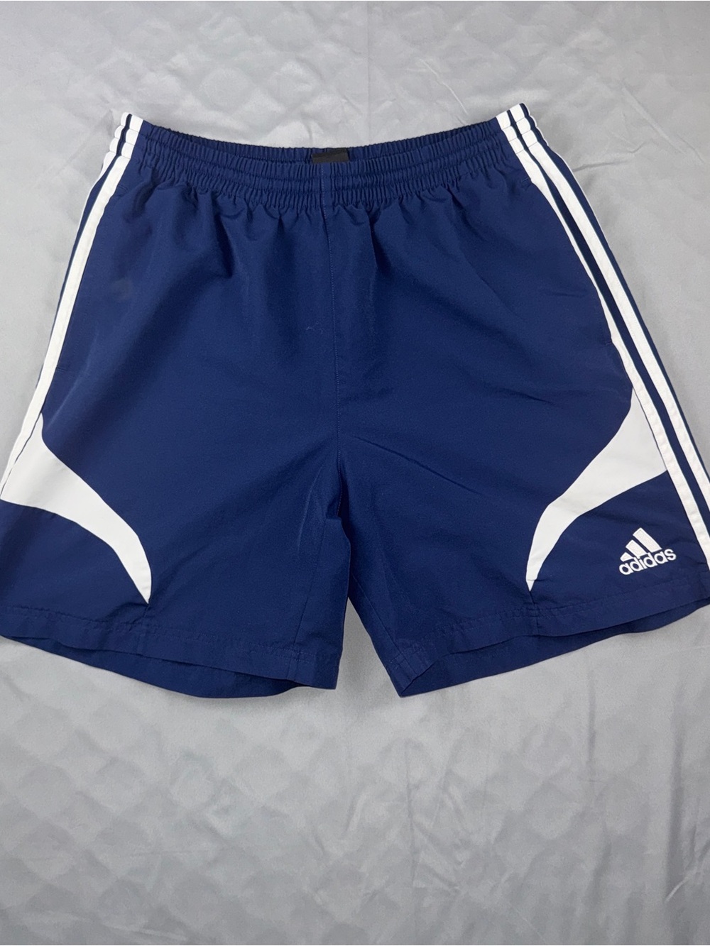 Vintage Y2K Adidas Soccer Shorts Mens L Blue White 3 Stripe Drawstring Lined